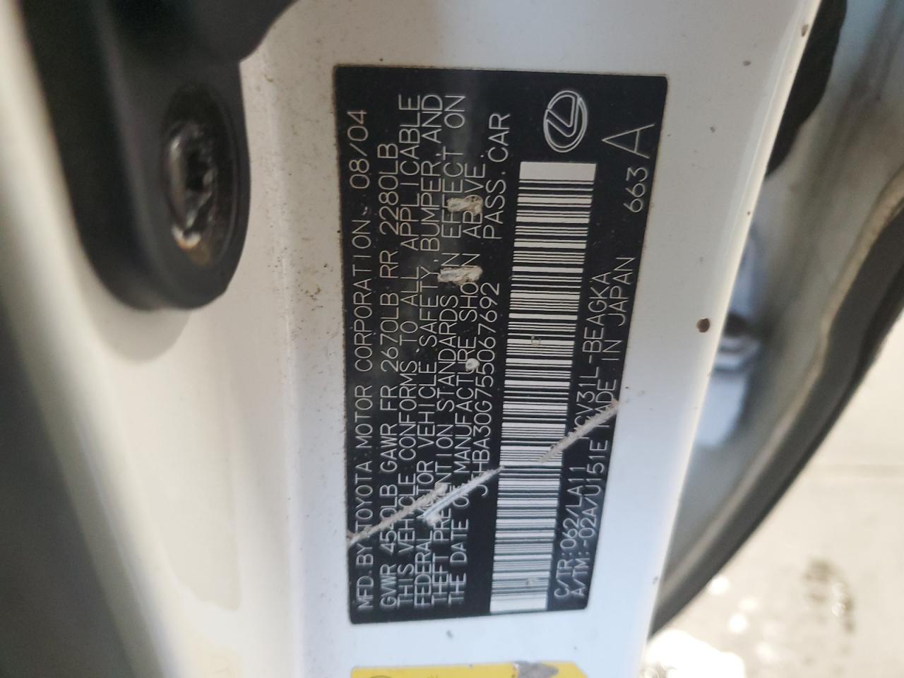 2005 Lexus ES VIN JTHBA30G755067692 Copart auction photo, front end damage thumbnail 12