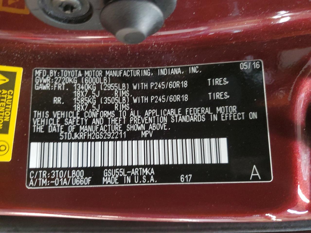 2016 Toyota Highlander VIN 5TDJKRFH2GS292211 Copart auction photo, rear end damage thumbnail 15
