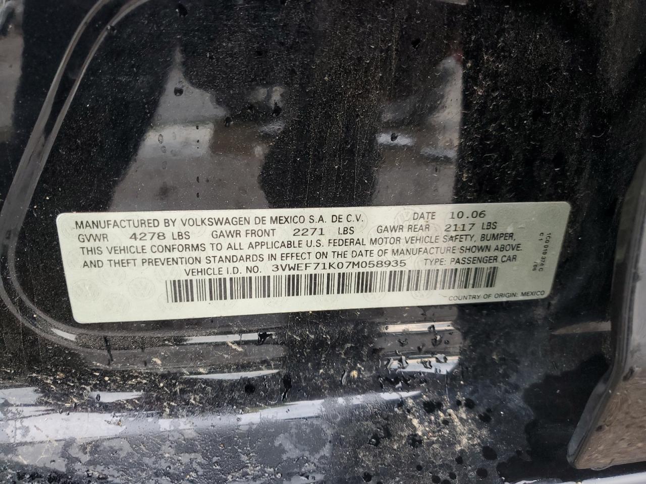 2007 Volkswagen Jetta VIN 3VWEF71K07M058935 Copart auction photo, front end / side damage thumbnail 15