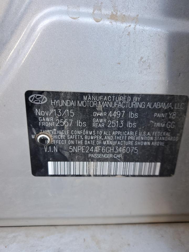 2016 Hyundai Sonata VIN 5NPE24AF6GH346075 Copart auction photo, rear end damage thumbnail 12