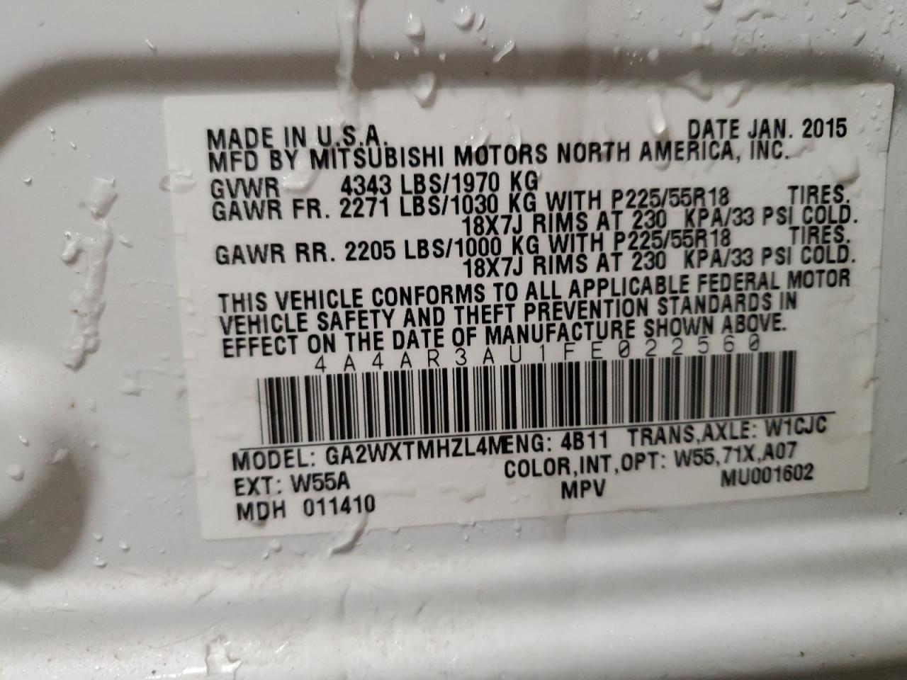 2015 Mitsubishi Outlander VIN 4A4AR3AU1FE022560 Copart auction photo, side / rear end damage thumbnail 13