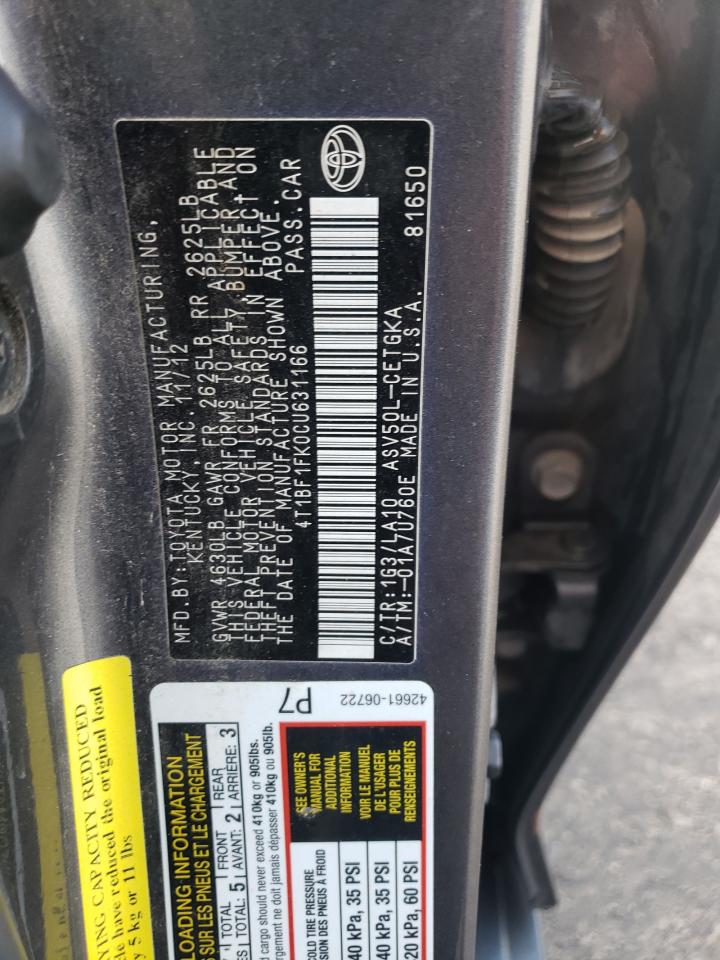 2012 Toyota Camry VIN 4T1BF1FK0CU631166 Copart auction photo, front end / hail damage thumbnail 12