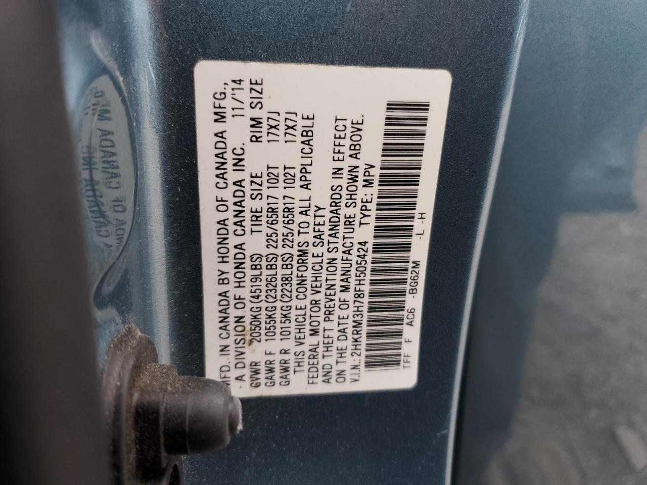 2015 Honda CR-V VIN 2HKRM3H78FH505424 Copart auction photo, front end damage thumbnail 15