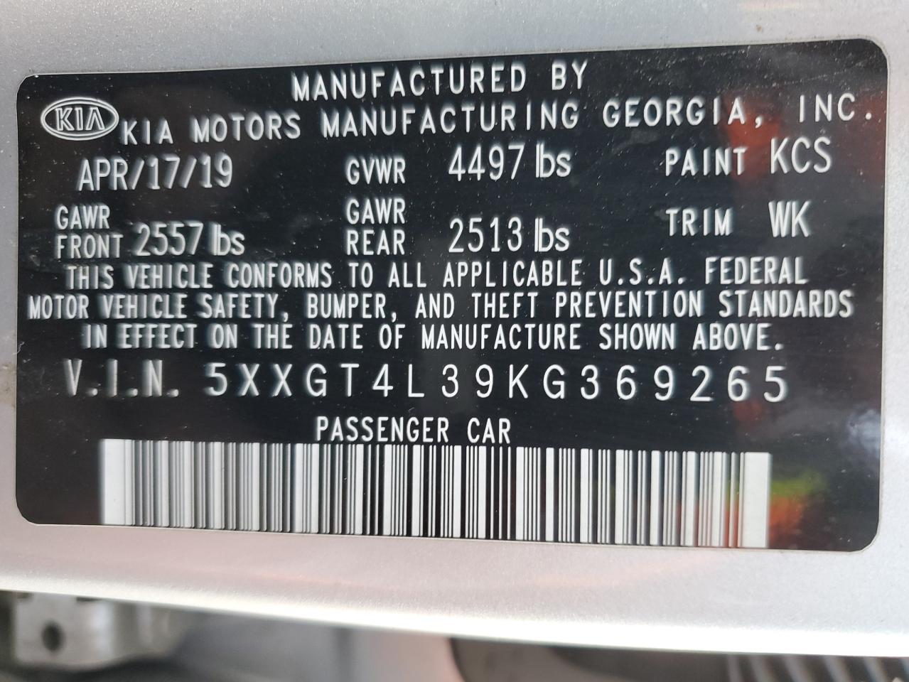 2019 KIA Optima VIN 5XXGT4L39KG369265 Copart auction photo, rear end damage thumbnail 12