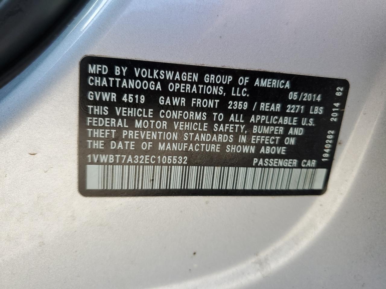 2014 Volkswagen Passat VIN 1VWBT7A32EC105532 Copart auction photo, all over damage thumbnail 12