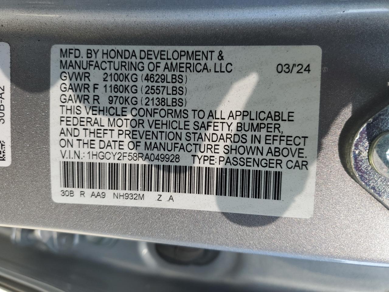 2024 Honda Accord VIN 1HGCY2F58RA049928 Copart auction photo, front end damage thumbnail 12