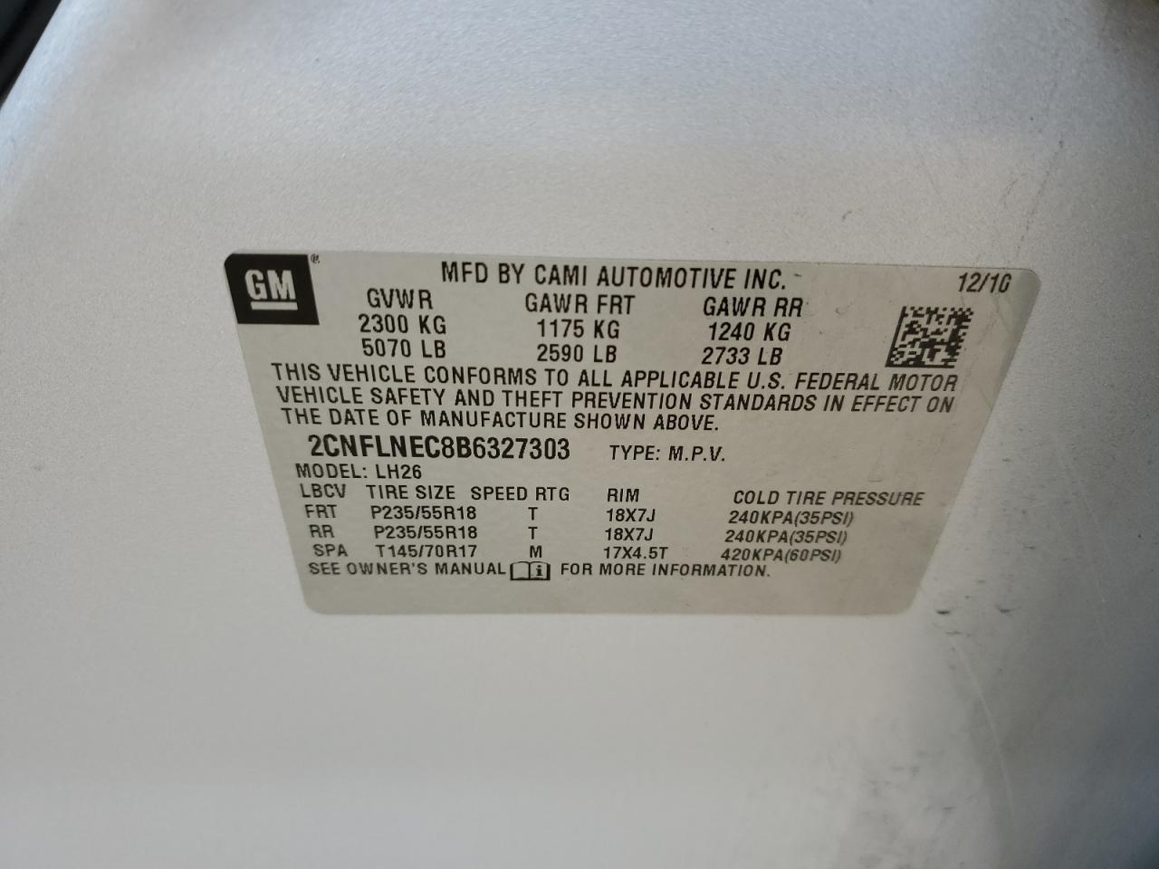 2011 Chevrolet Equinox VIN 2CNFLNEC8B6327303 Copart auction photo, rear end / side damage thumbnail 13