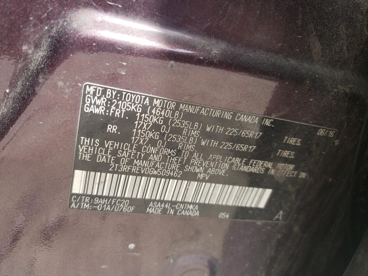 2016 Toyota RAV 4 VIN 2T3RFREV0GW509462 Copart auction photo, front end / mechanical damage thumbnail 16