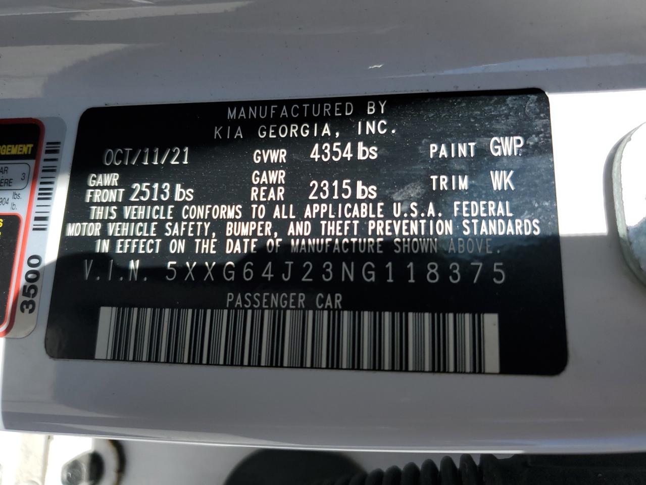 2022 KIA K5 VIN 5XXG64J23NG118375 Copart auction photo, rear end damage thumbnail 13