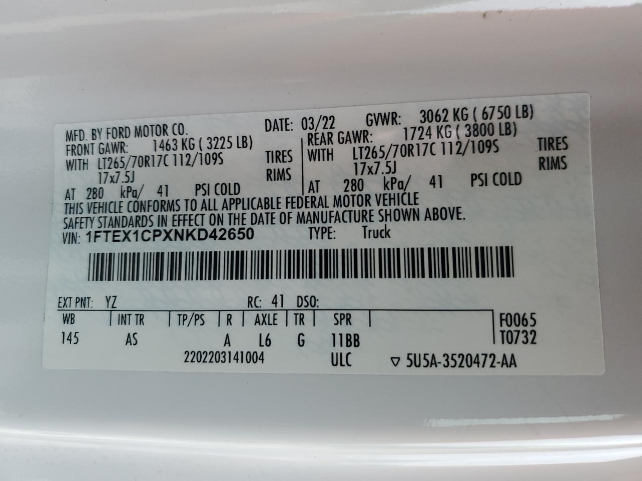 2022 Ford F-150 VIN 1FTEX1CPXNKD42650 Copart auction photo, front end damage thumbnail 13