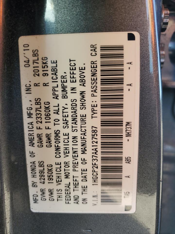 2010 Honda Accord VIN 1HGCP2F37AA127587 Copart auction photo, rear end / front end damage thumbnail 13