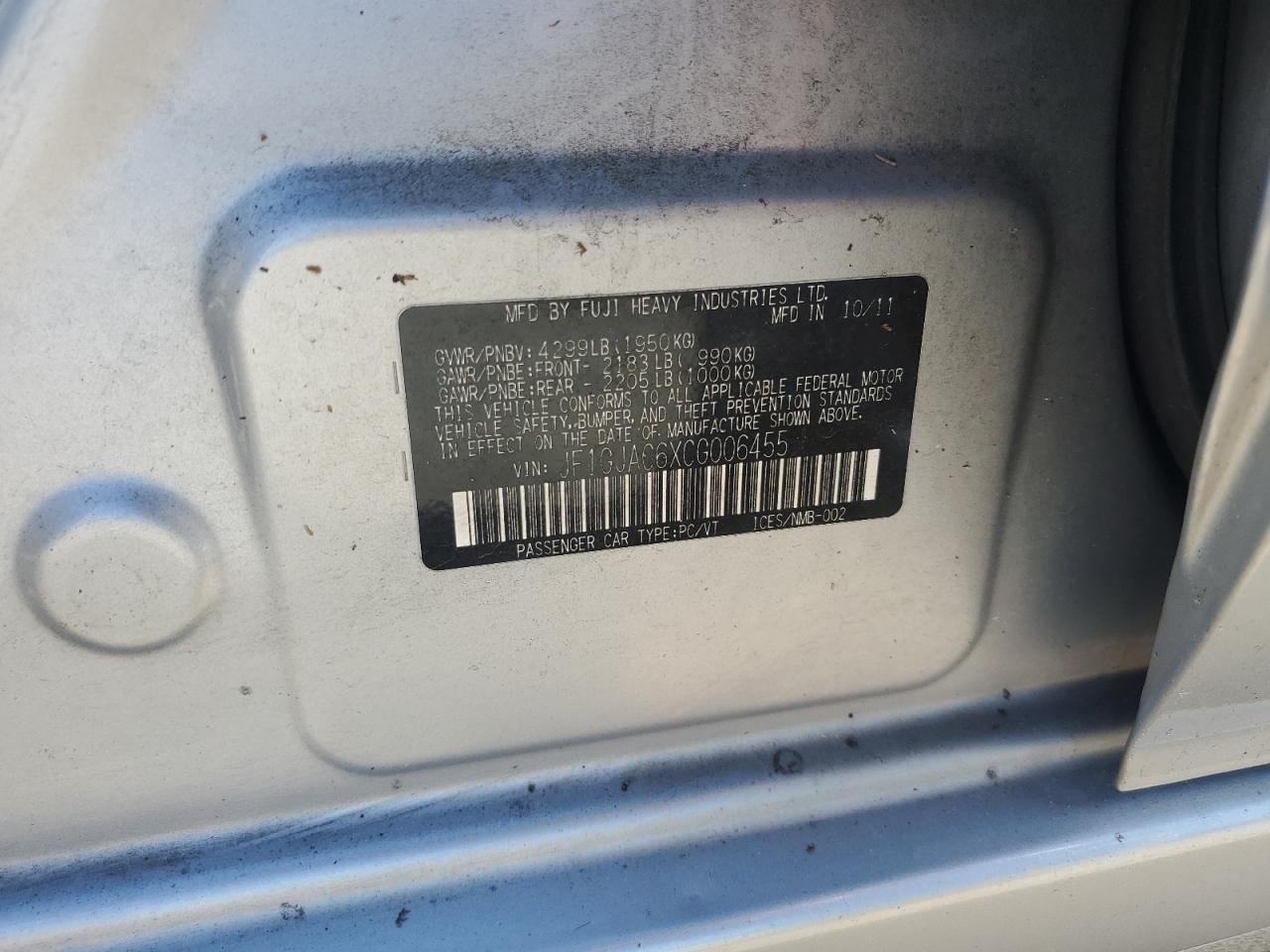 2012 Subaru Impreza VIN JF1GJAC6XCG006455 Copart auction photo, water/flood damage thumbnail 13