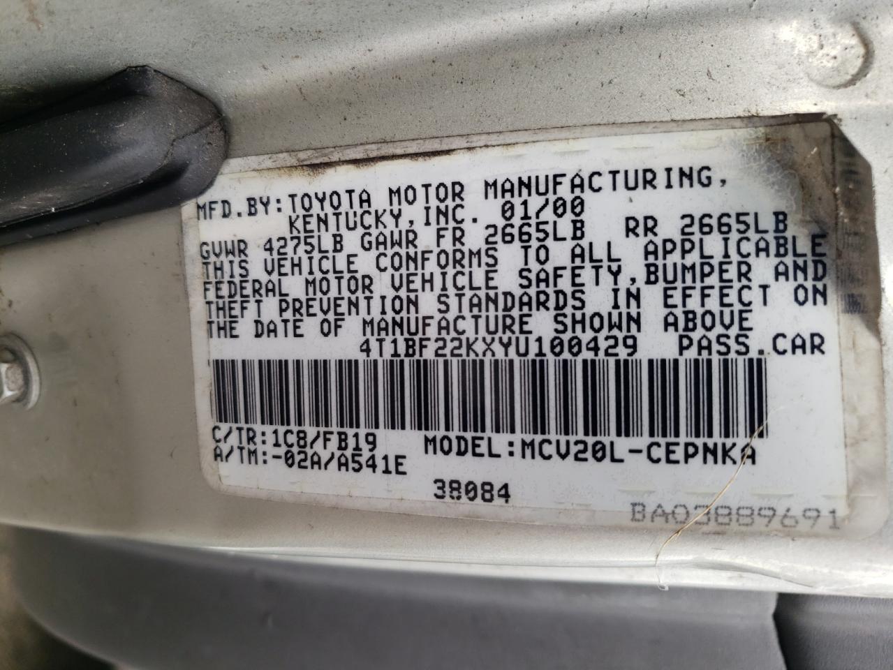 2000 Toyota Camry VIN 4T1BF22KXYU100429 Copart auction photo, rear end / front end damage thumbnail 10