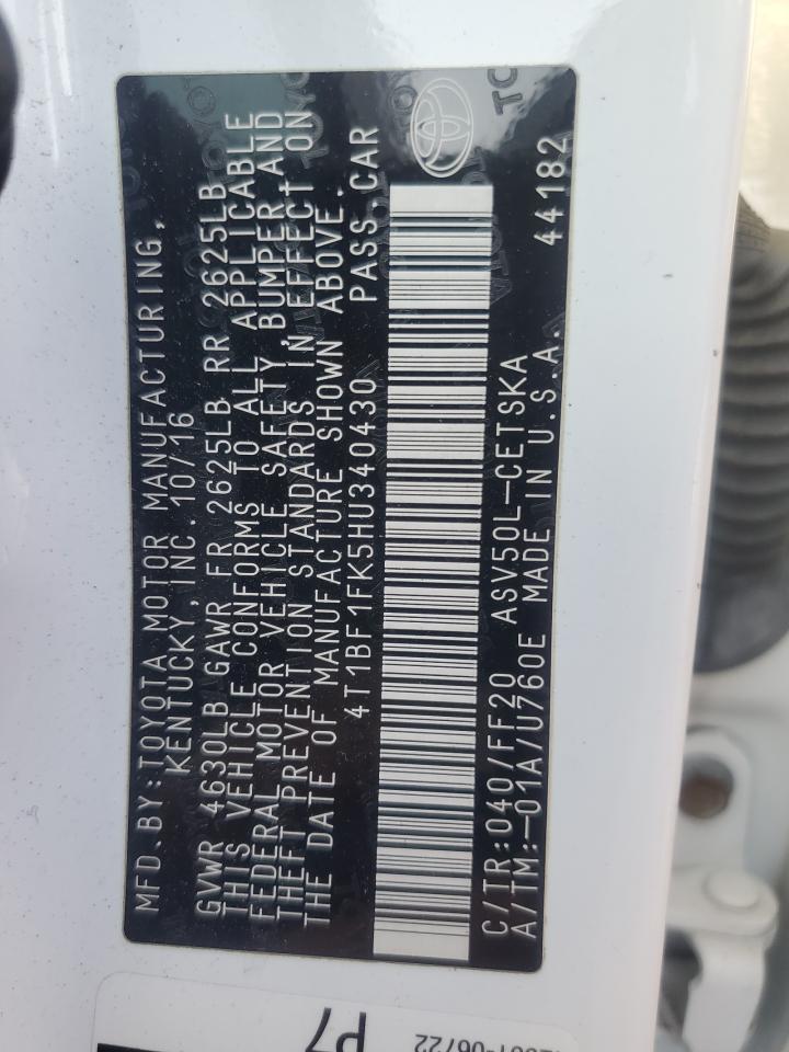 2017 Toyota Camry VIN 4T1BF1FK5HU340430 Copart auction photo, undercarriage / front end damage thumbnail 12