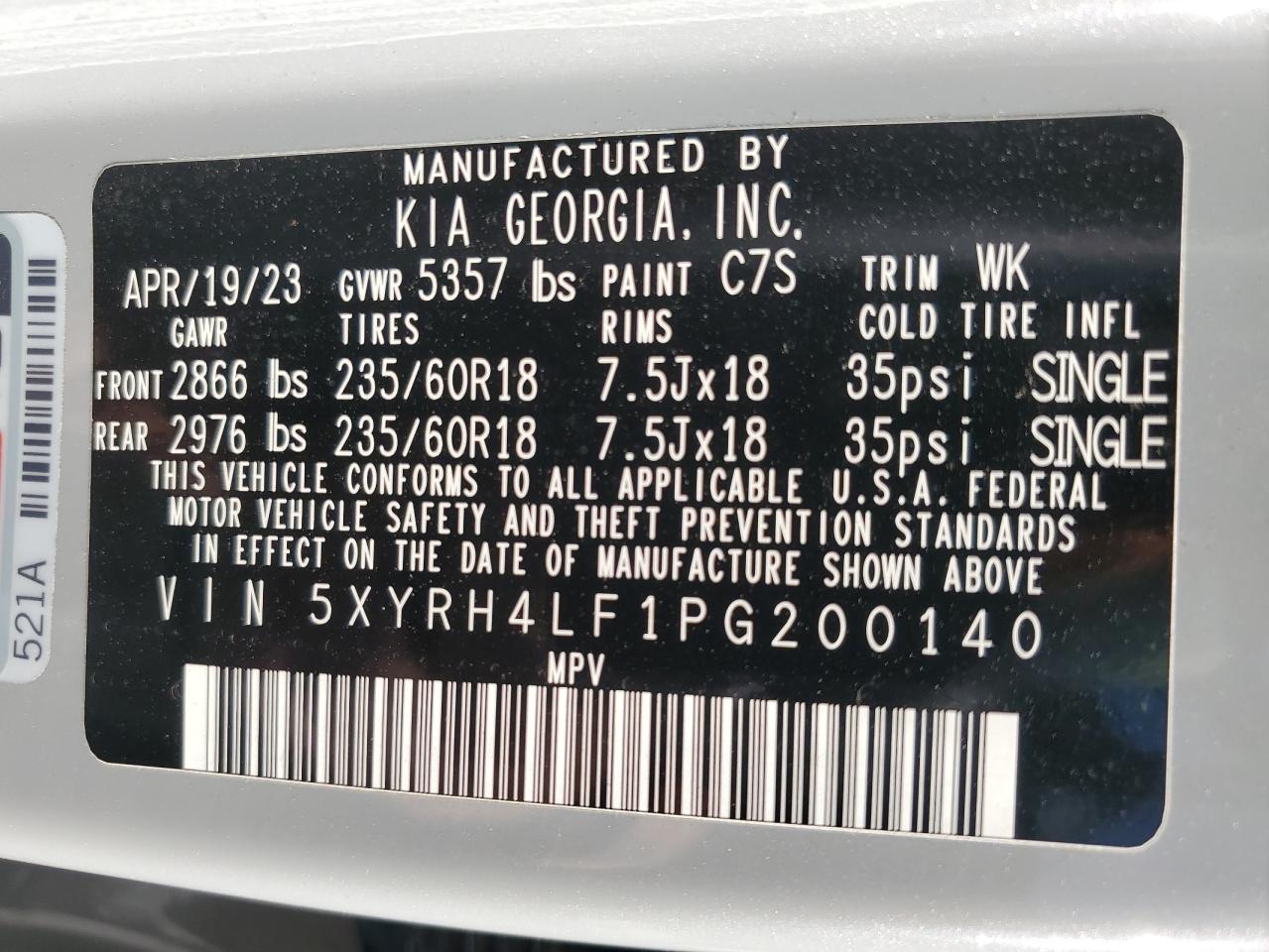 2023 KIA Sorento VIN 5XYRH4LF1PG200140 Copart auction photo, side / hail damage thumbnail 14