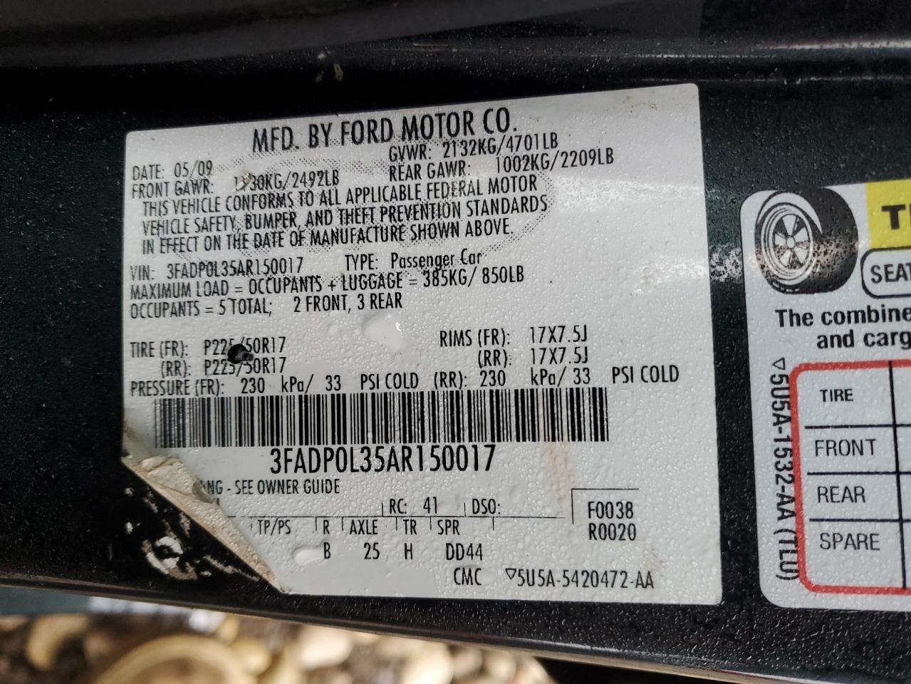 2010 Ford Fusion VIN 3FADP0L35AR150017 Copart auction photo, front end damage thumbnail 14