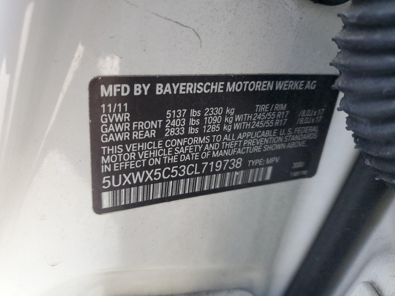 2012 BMW X3 VIN 5UXWX5C53CL719738 Copart auction photo, front end / rear end damage thumbnail 13
