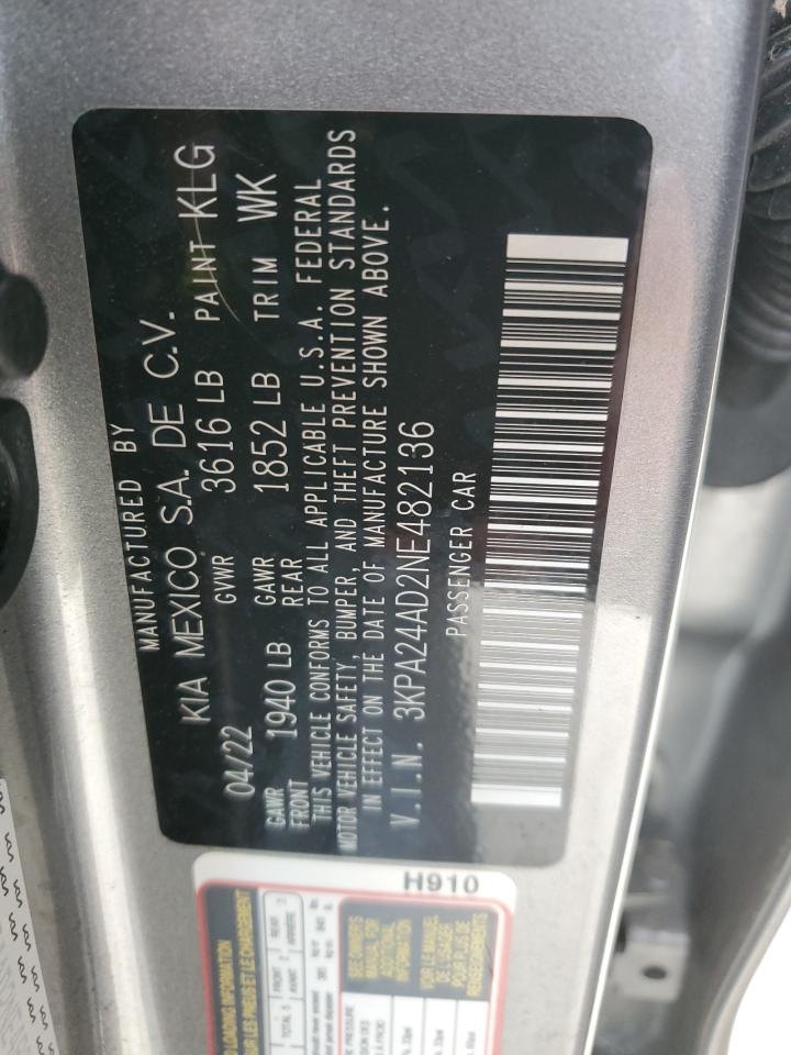 2022 KIA Rio VIN 3KPA24AD2NE482136 Copart auction photo, front end damage thumbnail 12