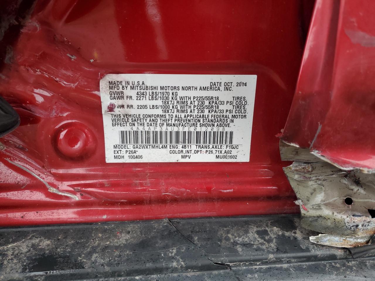 2015 Mitsubishi Outlander VIN 4A4AP3AU3FE012098 Copart auction photo, side damage thumbnail 13