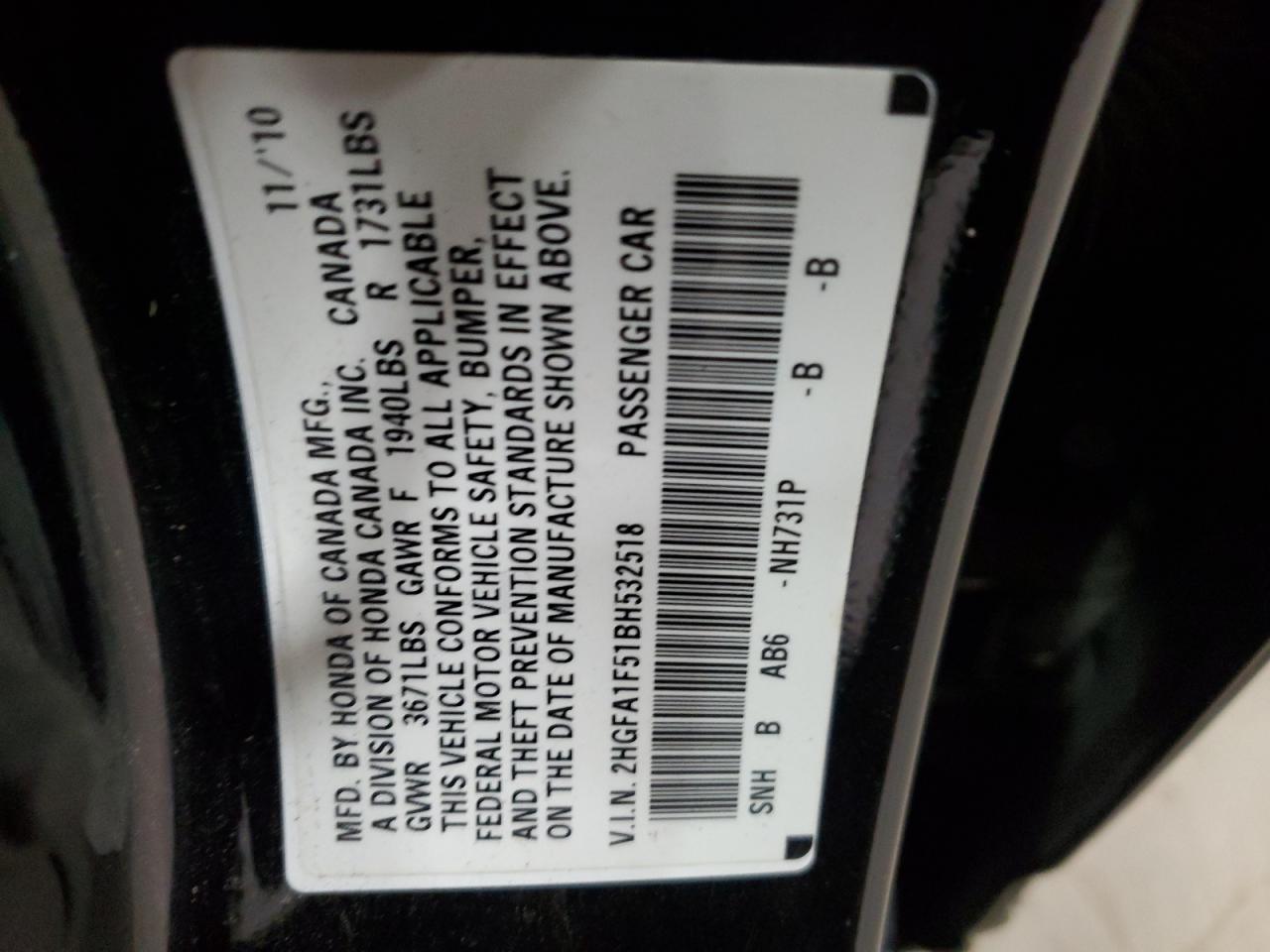 2011 Honda Civic VIN 2HGFA1F51BH532518 Copart auction photo, rear end / front end damage thumbnail 15