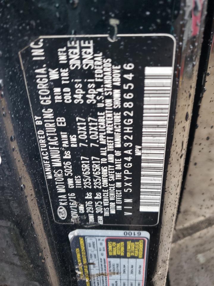 2017 KIA Sorento VIN 5XYPG4A32HG286546 Copart auction photo, front end / side damage thumbnail 14