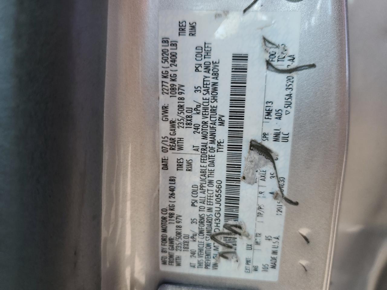 2016 Lincoln MKC VIN 5LMTJ3DH3GUJ05560 Copart auction photo, front end / rear end damage thumbnail 13