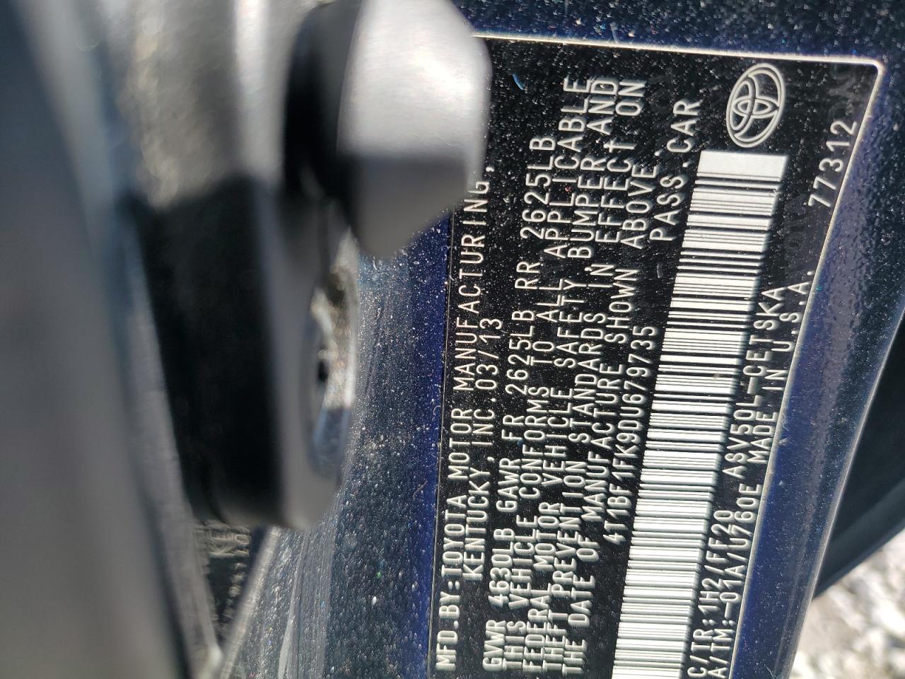 2013 Toyota Camry VIN 4T1BF1FK9DU679735 Copart auction photo, side / rear end damage thumbnail 12