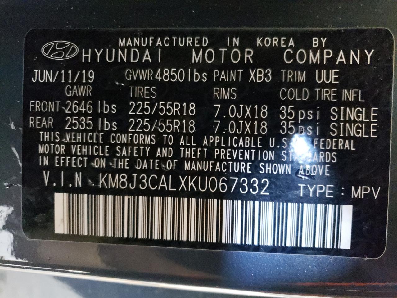2019 Hyundai Tucson VIN KM8J3CALXKU067332 Copart auction photo, mechanical damage thumbnail 13