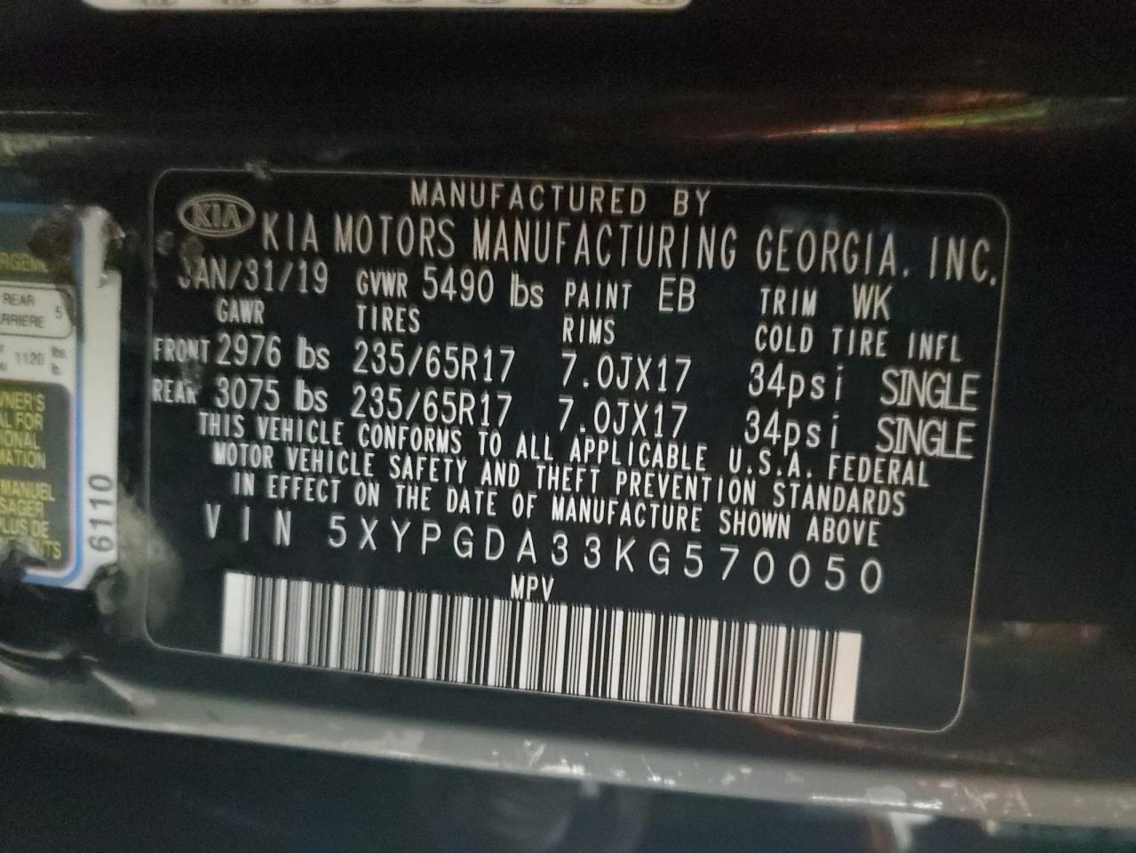2019 KIA Sorento VIN 5XYPGDA33KG570050 Copart auction photo, front end damage thumbnail 13