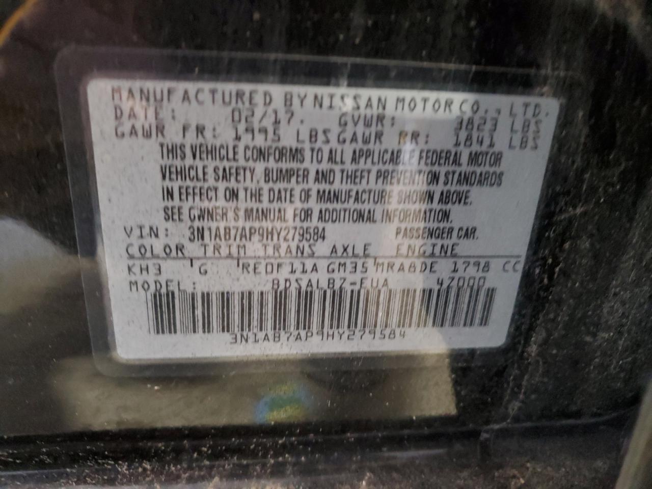 2017 Nissan Sentra VIN 3N1AB7AP9HY279584 Copart auction photo, front end / minor dent/scratches damage thumbnail 14
