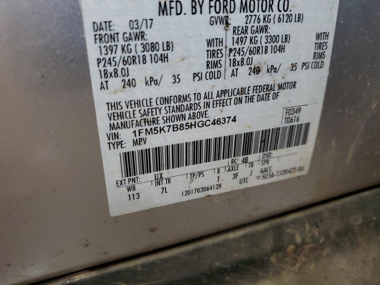 2017 Ford Explorer VIN 1FM5K7B85HGC46374 Copart auction photo, front end / side damage thumbnail 13