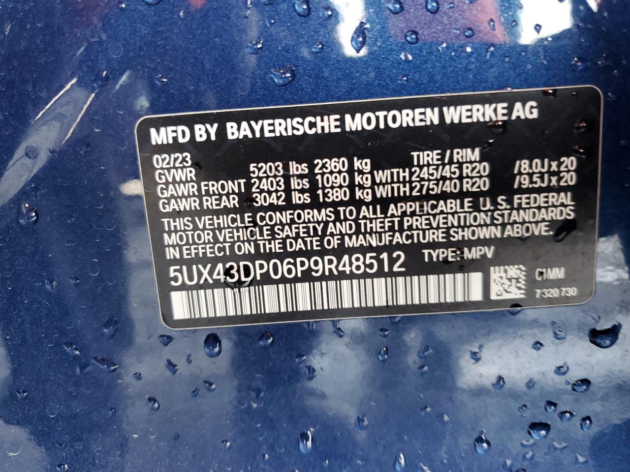 2023 BMW X3 VIN 5UX43DP06P9R48512 Copart auction photo, rear end / minor dent/scratches damage thumbnail 14