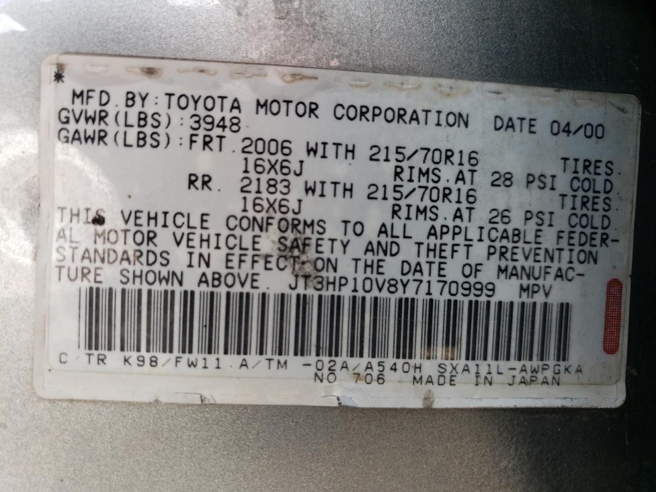 2000 Toyota RAV 4 VIN JT3HP10V8Y7170999 Copart auction photo, rear end / hail damage thumbnail 13