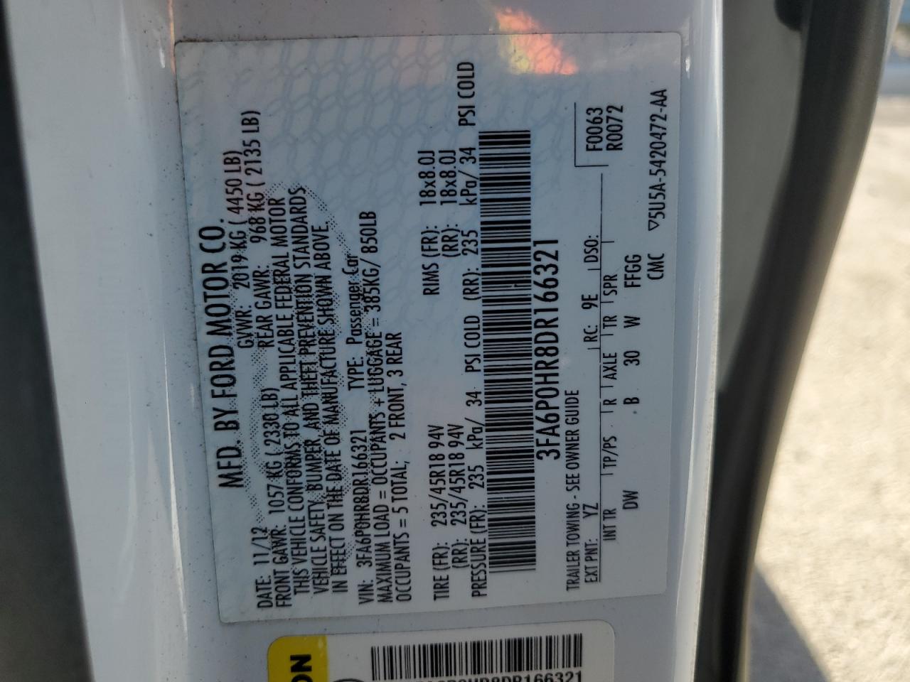 2013 Ford Fusion VIN 3FA6P0HR8DR166321 Copart auction photo, rear end / side damage thumbnail 14