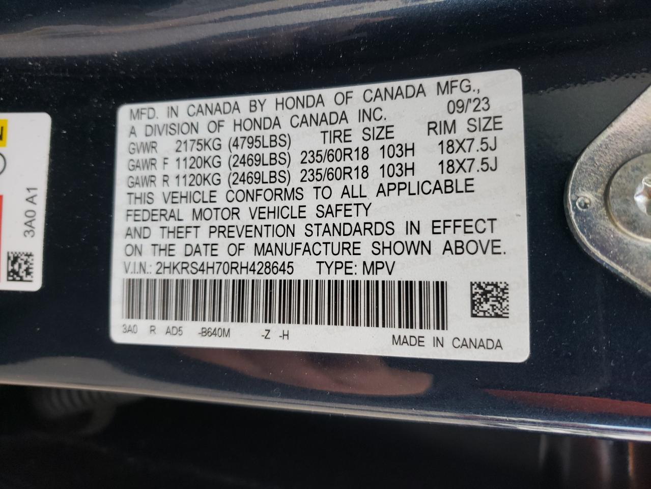 2024 Honda CR-V VIN 2HKRS4H70RH428645 Copart auction photo, side / front end damage thumbnail 15