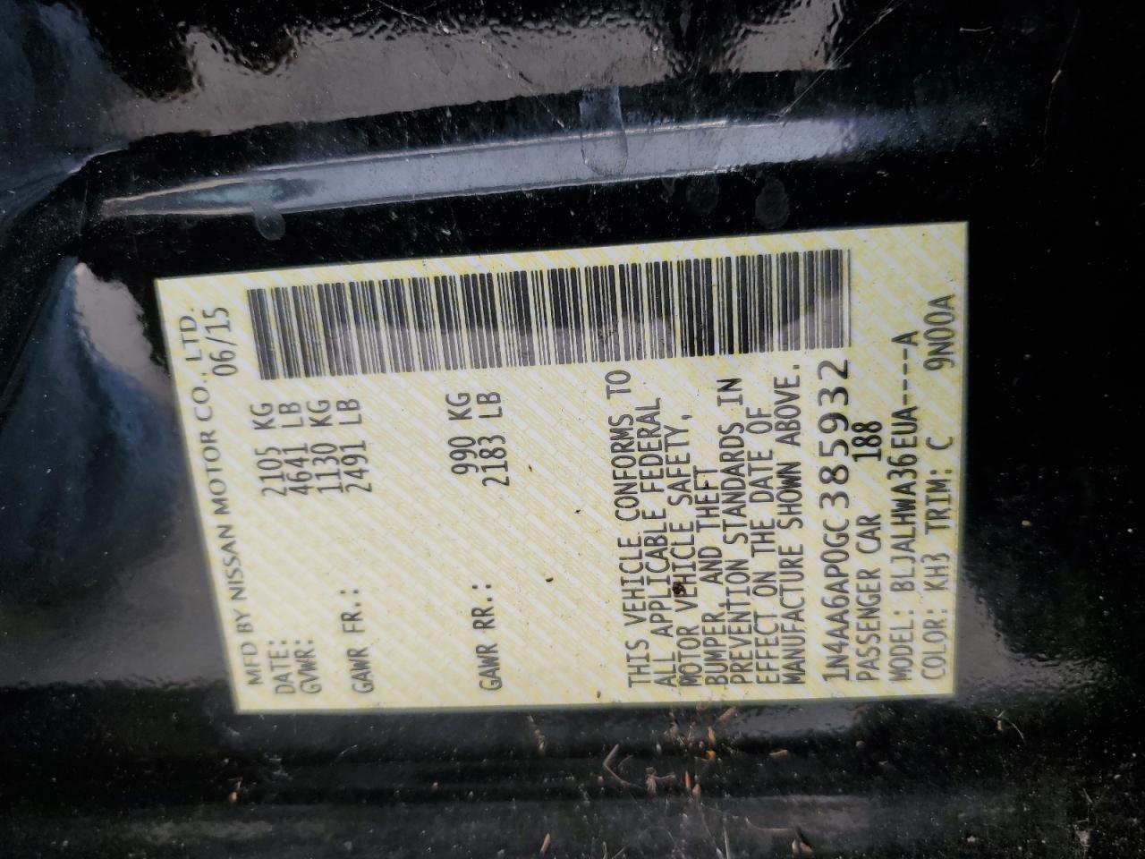 2016 Nissan Maxima VIN 1N4AA6AP0GC385932 Copart auction photo, all over / minor dent/scratches damage thumbnail 12