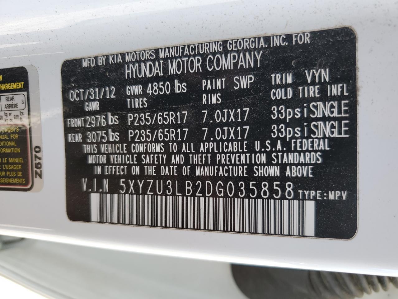 2013 Hyundai Santa Fe VIN 5XYZU3LB2DG035858 Copart auction photo, side / front end damage thumbnail 13