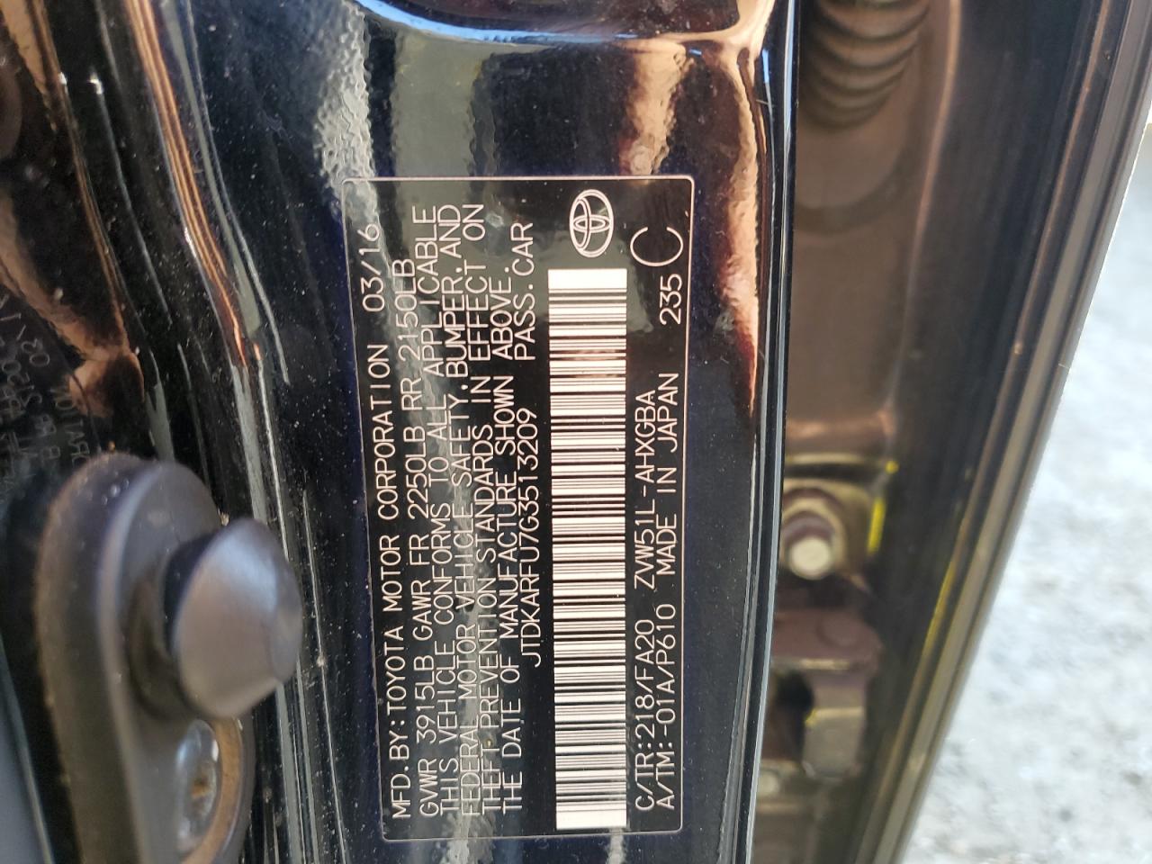2016 Toyota Prius VIN JTDKARFU7G3513209 Copart auction photo, all over damage thumbnail 12