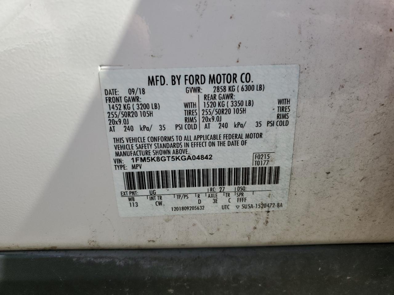 2019 Ford Explorer VIN 1FM5K8GT5KGA04842 Copart auction photo, minor dent/scratches damage thumbnail 15
