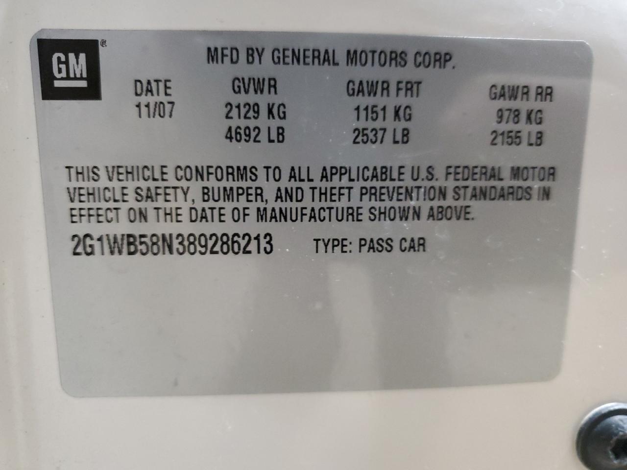 2008 Chevrolet Impala VIN 2G1WB58N389286213 Copart auction photo, rear end damage thumbnail 12