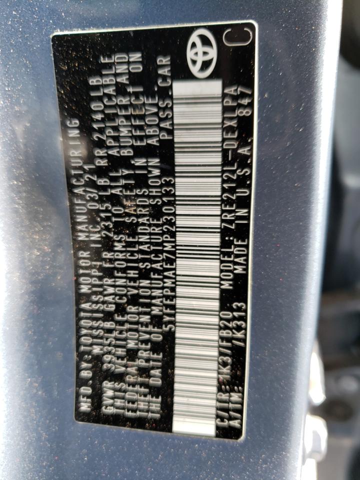 2021 Toyota Corolla VIN 5YFEPMAE7MP230133 Copart auction photo, all over damage thumbnail 12