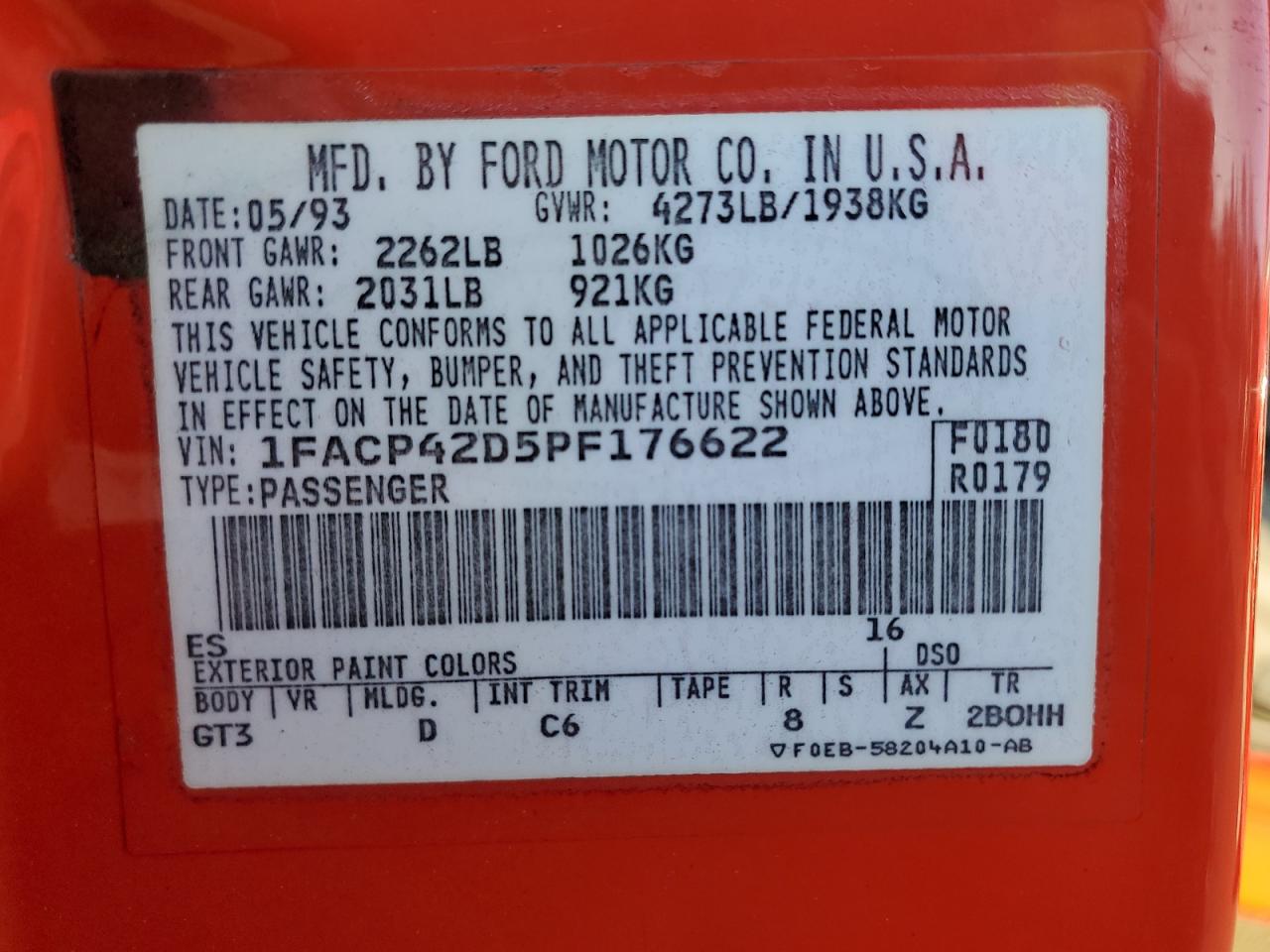 1993 Ford Mustang VIN 1FACP42D5PF176622 Copart auction photo, side damage thumbnail 13