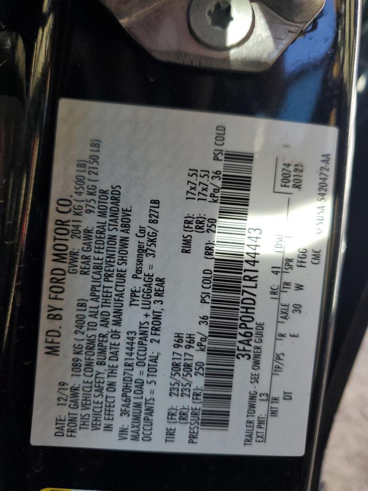2020 Ford Fusion VIN 3FA6P0HD7LR144443 Copart auction photo, front end / side damage thumbnail 12