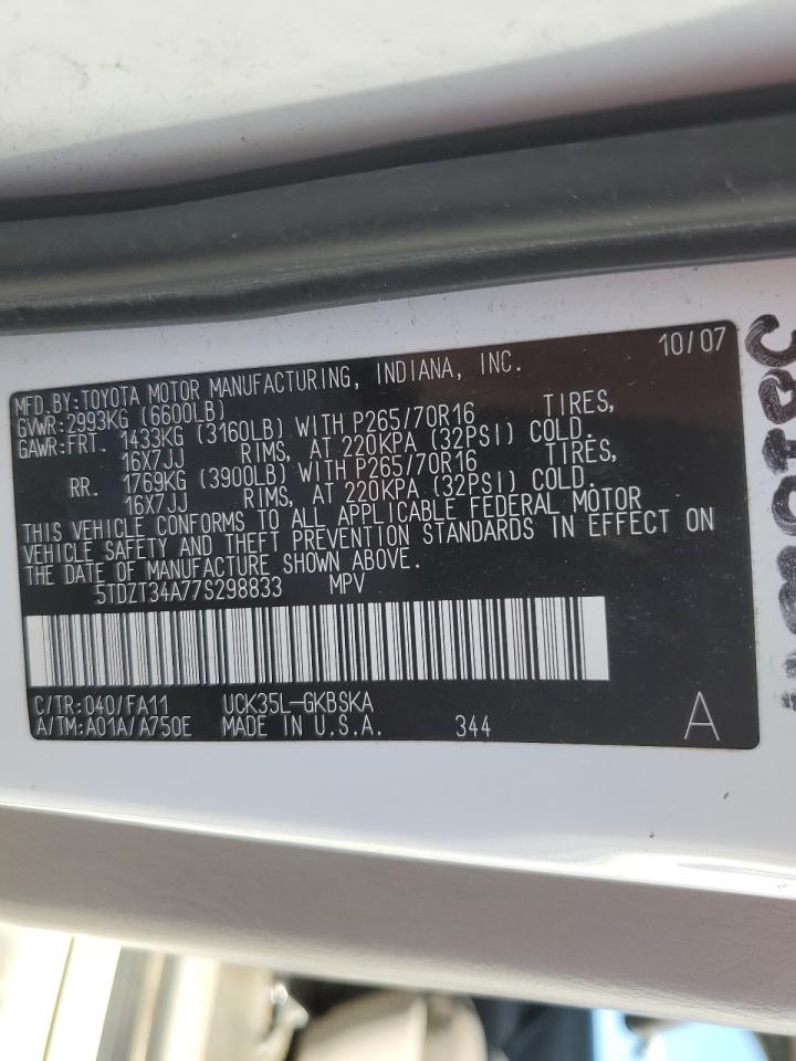 2007 Toyota Sequoia VIN 5TDZT34A77S298833 Copart auction photo, front end damage thumbnail 13