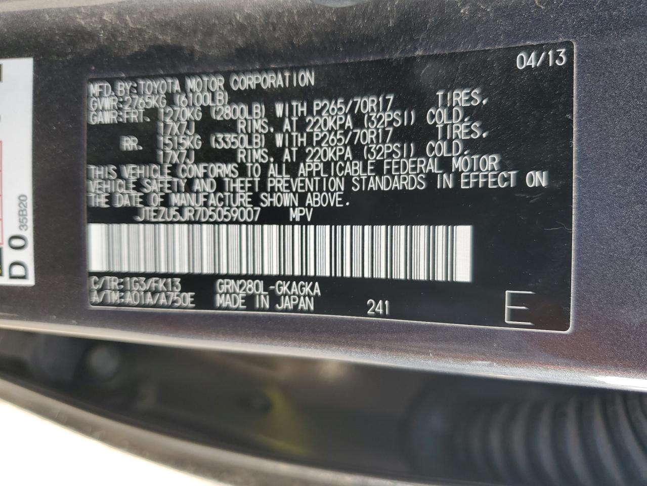 2013 Toyota 4Runner VIN JTEZU5JR7D5059007 Copart auction photo, all over damage thumbnail 13