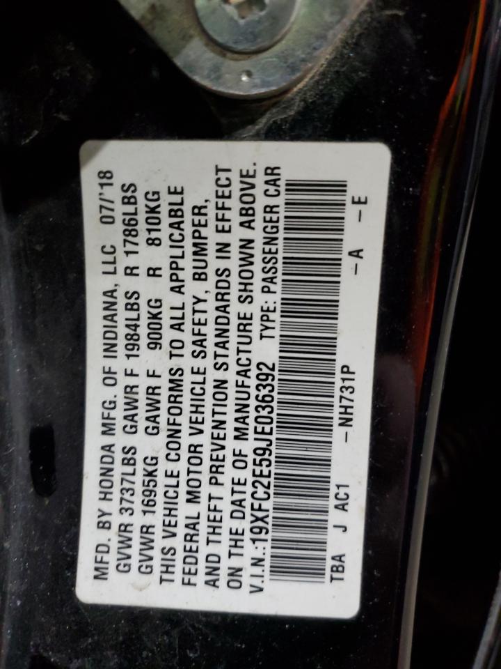 2018 Honda Civic VIN 19XFC2E59JE036392 Copart auction photo, front end / side damage thumbnail 15
