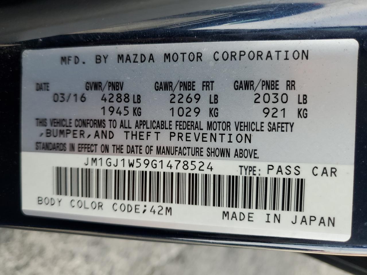 2016 Mazda 6 VIN JM1GJ1W59G1478524 Copart auction photo, side / front end damage thumbnail 14