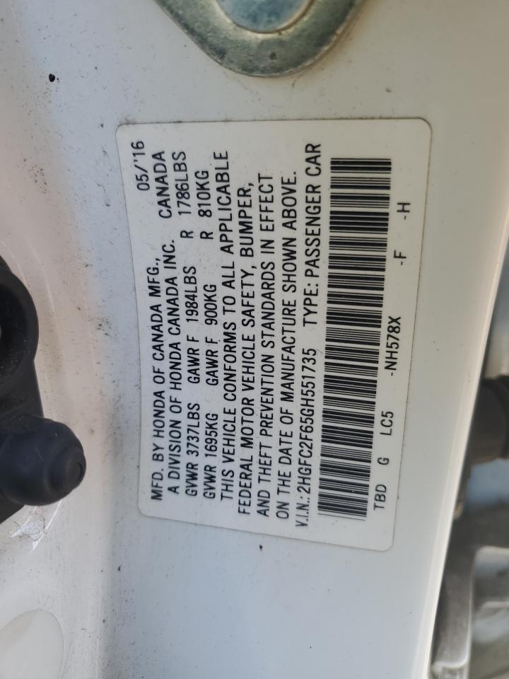 2016 Honda Civic VIN 2HGFC2F65GH551735 Copart auction photo, front end damage thumbnail 14