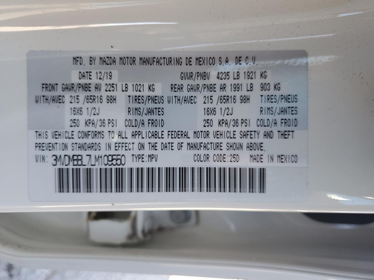 2020 Mazda CX-30 VIN 3MVDMBBL7LM109550 Copart auction photo, side damage thumbnail 14
