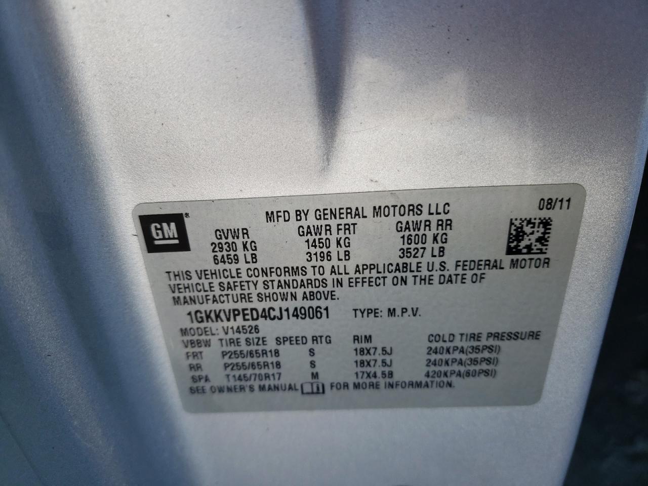 2012 GMC Acadia VIN 1GKKVPED4CJ149061 Copart auction photo, front end damage thumbnail 13